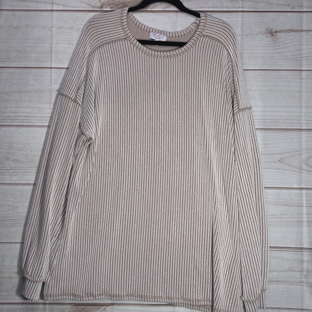 MoCo Boutique Tan White Striped Ribbed Long Sleeve Top 2XL‎